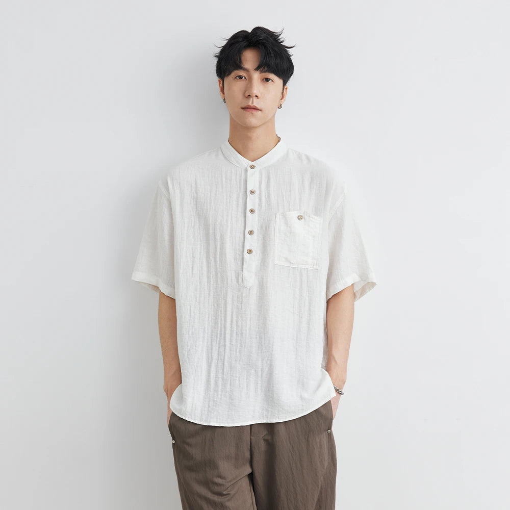 Old Money Grandad Collar Short Sleeve Shirt