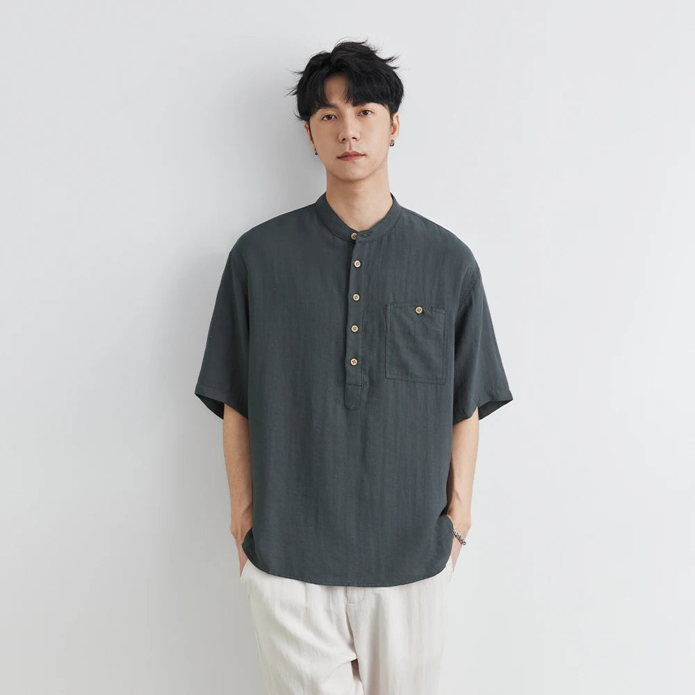 Old Money Grandad Collar Short Sleeve Shirt