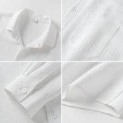 Collage of a white textured shirt with close-up details on a light gray background