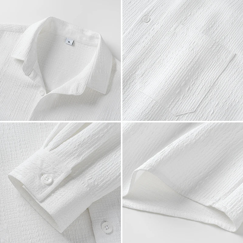 Collage of a white textured shirt with close-up details on a light gray background