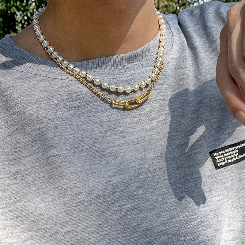 Double Pearl Curb Chain Necklace