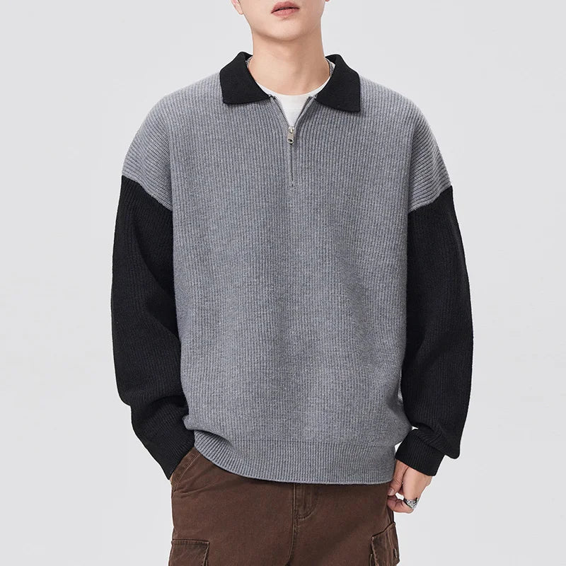 1/4 Zip Rib Knit Colour Block Sweater