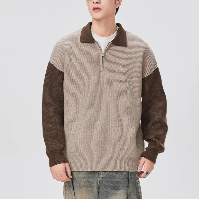 1/4 Zip Rib Knit Colour Block Sweater