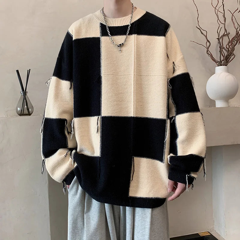 Abstract Check Frayed Sweater