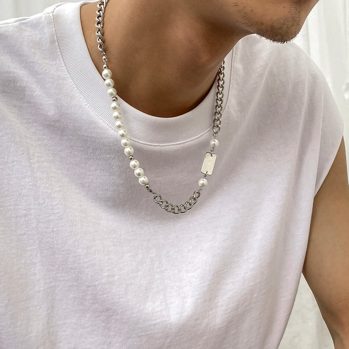 Asymmetric Curb/Faux Pearl Chain