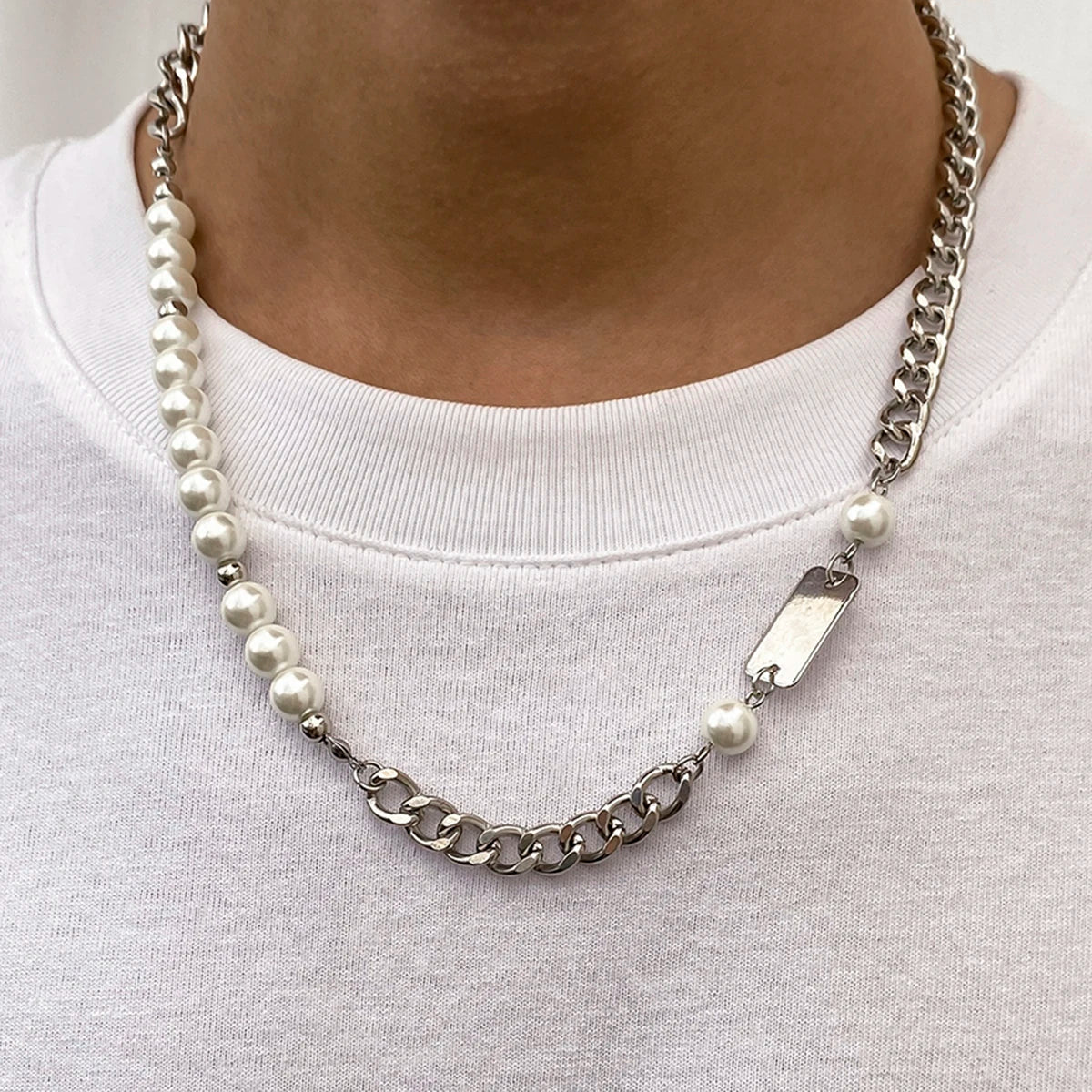 Asymmetric Curb/Faux Pearl Chain