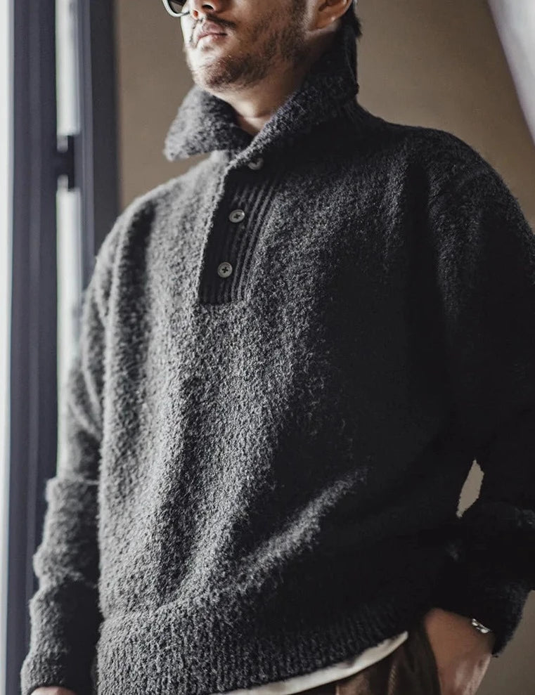 Boucle Knit Button Neck Sweater | Streets of Seoul | Men's Korean Boucle Knit Button Neck Sweater | Streets of Seoul | Men's Korean