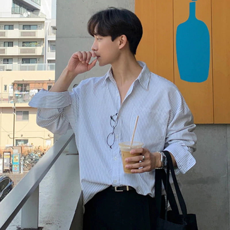 Blue striped shirt mens outfit shop