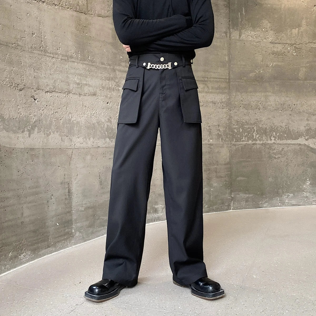 Men High Waist Pleated Belted Loose Casual Suit Trousers Straight Wide Leg  Pants