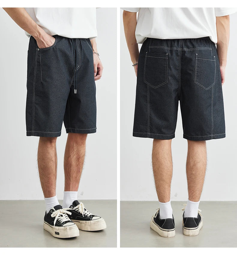 Two views of a person wearing black denim shorts on a white background