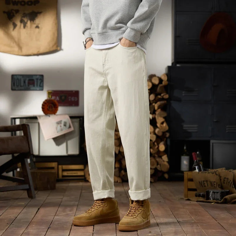 Cream Slub Texture Tapered Pants