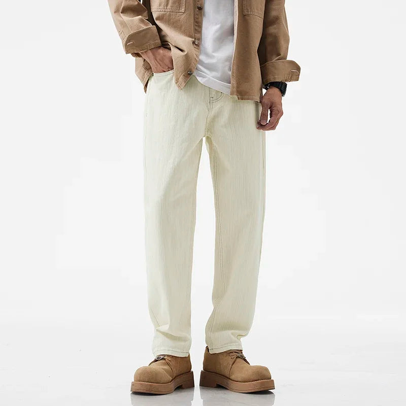 Cream Slub Texture Tapered Pants