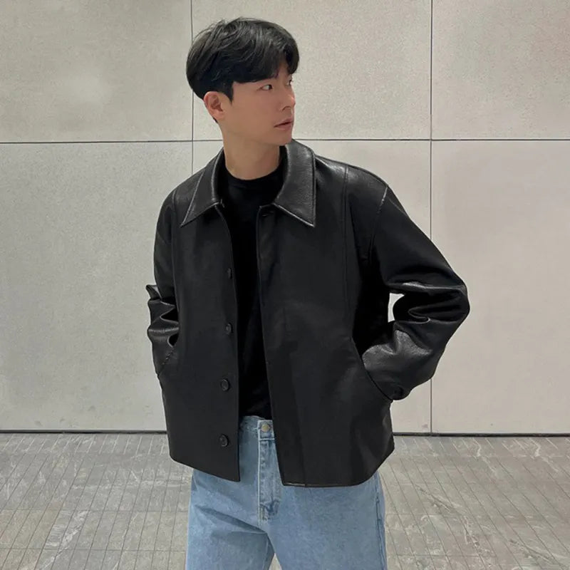 Cropped Minimal Faux Leather Jacket | Streets of Seoul | Men's