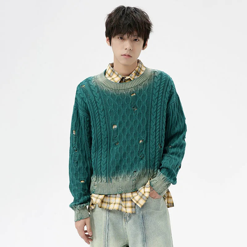 Distressed Cable Knit Short Knitted Sweater