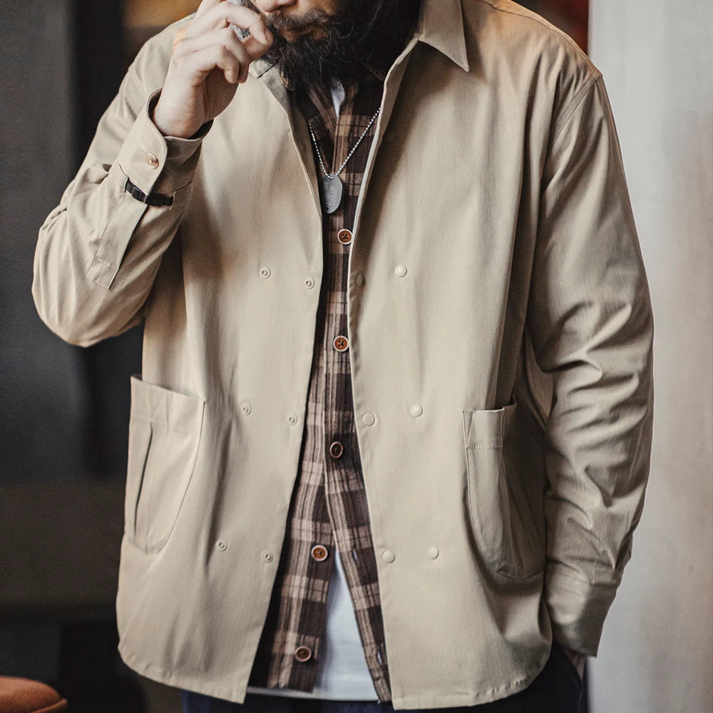 Double-breasted Herringbone Twill Long-Sleeved Shirt