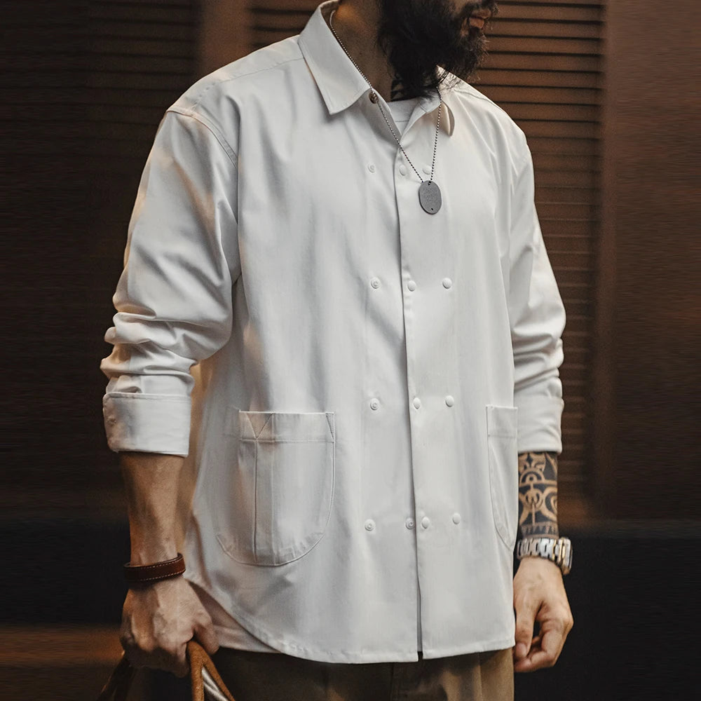 Double-breasted Herringbone Twill Long-Sleeved Shirt