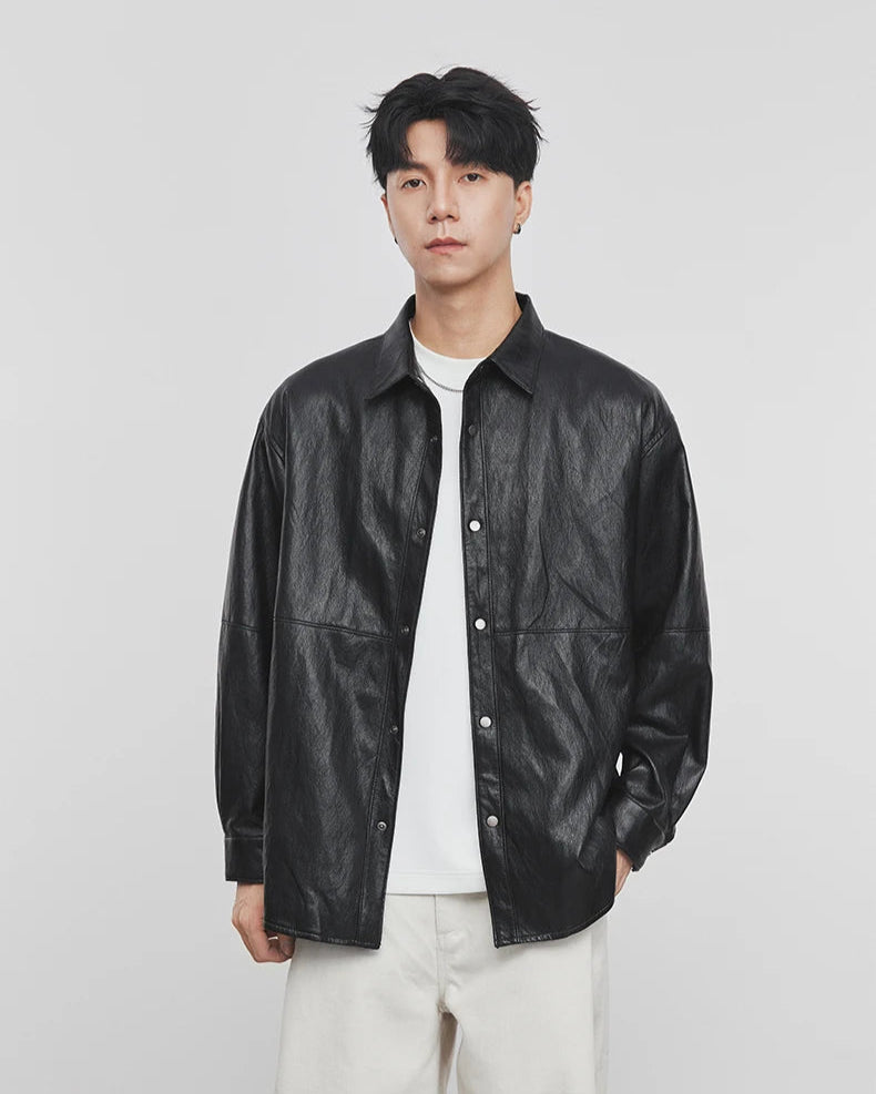 Faux Leather Shirt Jacket