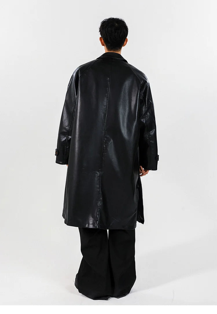 【YAN13】MODERN CASUAL LEATHER COAT 2color ■関税込■韓国 Faux-Leather-Trench-Coat-