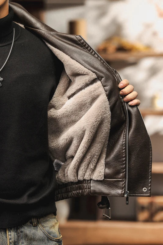 Fleece Lined Faux Leather Bomber Jacket | Streets of Seoul | Men's