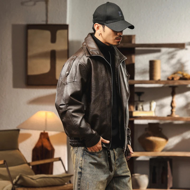 Fleece Lined Faux Leather Bomber Jacket | Streets of Seoul | Men's