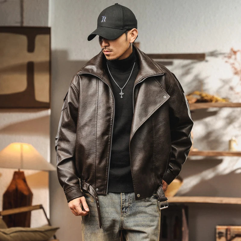 Fleece Lined Faux Leather Bomber Jacket Streets of Seoul Men's