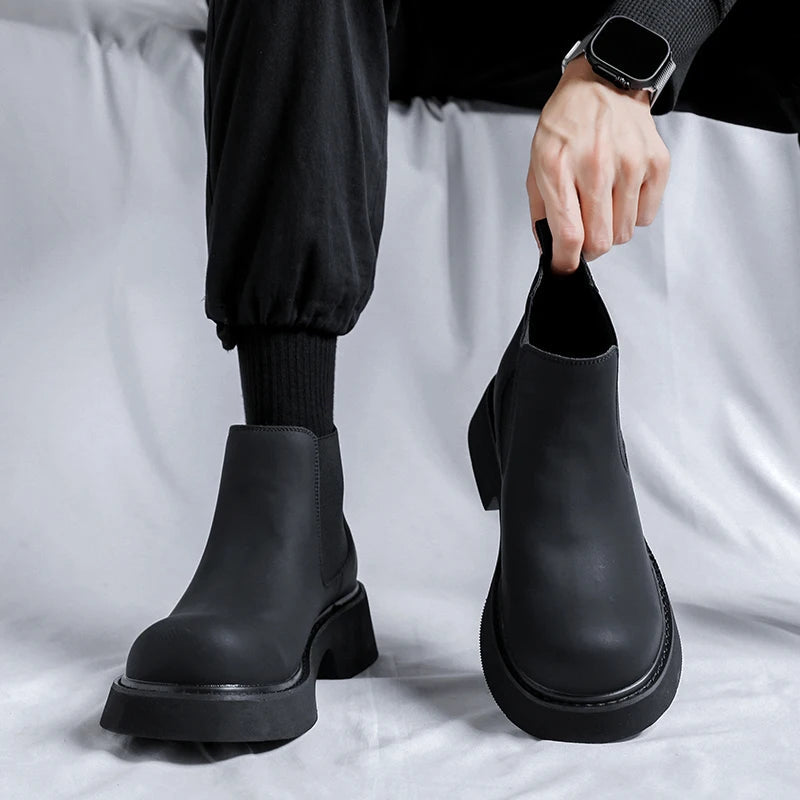 Chunky Sole Korean Boots Men Korean Chelsea Boots Thick Sole Black