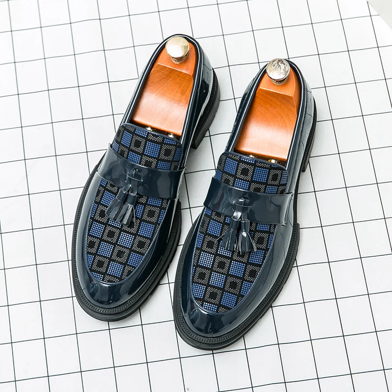 Galsan Check Texture Patent Tassel Loafers