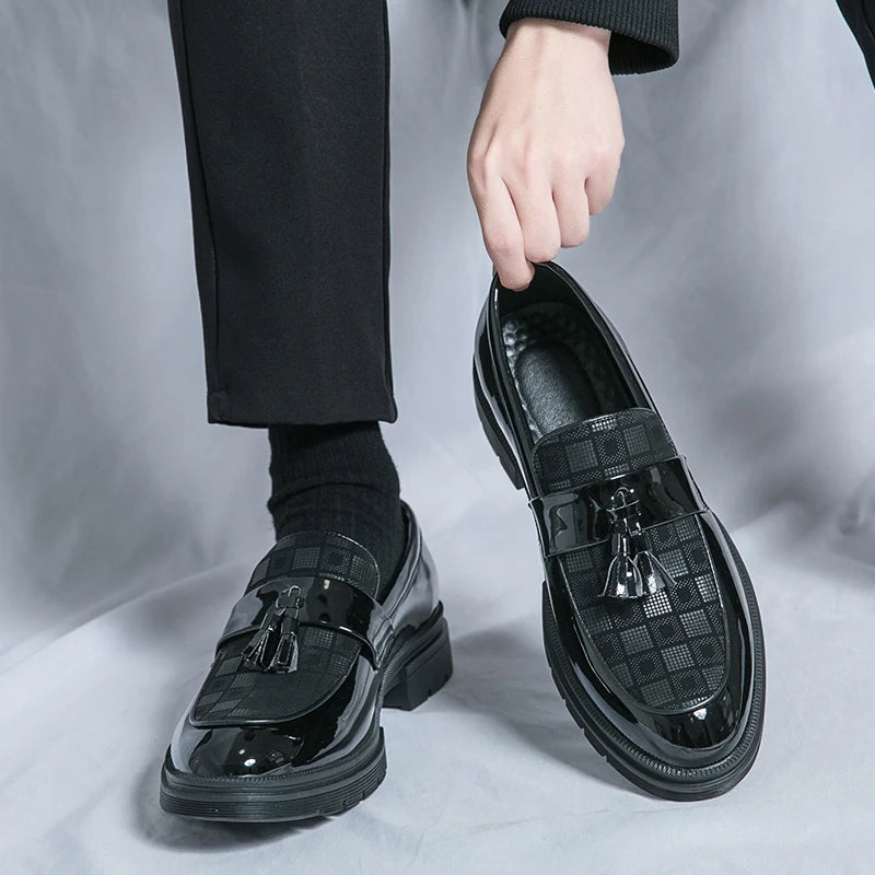 Galsan Check Texture Patent Tassel Loafers