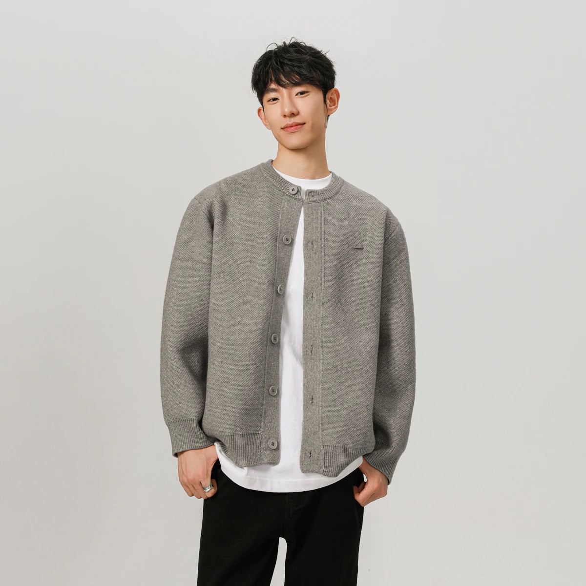 Heavyweight Crew Neck Knitted Cardigan | Streets of Seoul