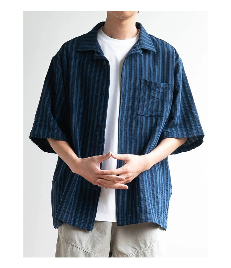 Indigo Stripe Cuban Collar Short Sleeve Shirt