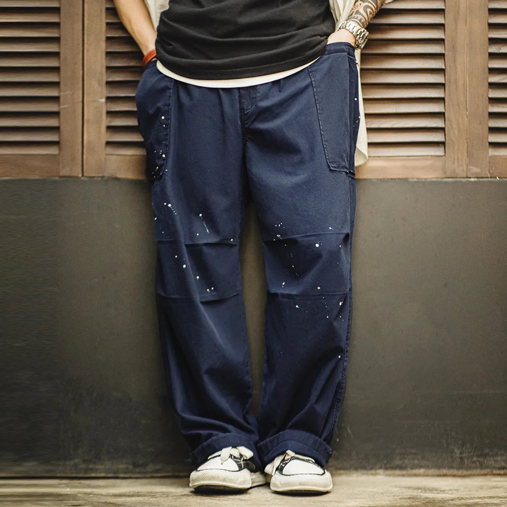 Ink Splash Knee Pleat Canvas Pants