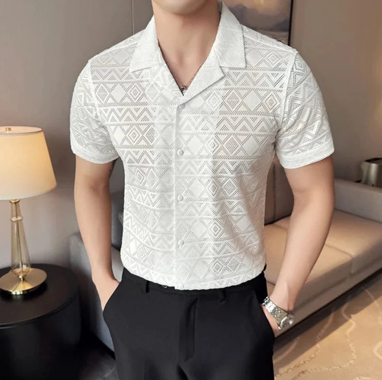 Lace Knit Short Sleeve Revere Collar Shirt