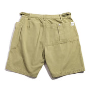 Khaki shorts with a brand logo on a white background
