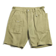 Khaki shorts with multiple pockets on a white background