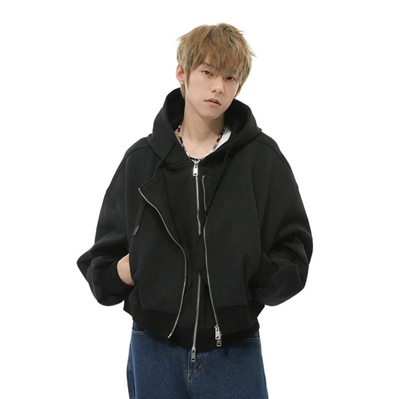 Mock Double Layer Zip-Up Hoodie