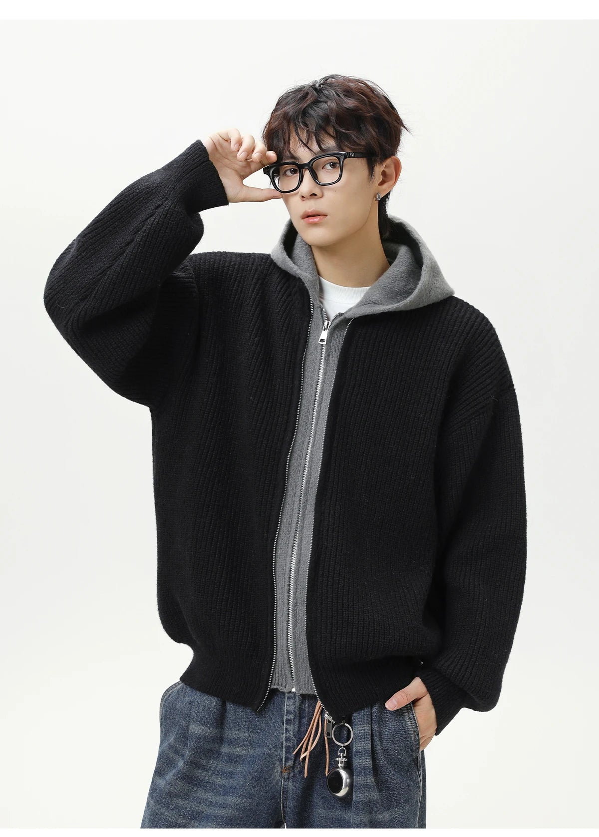 Mock Layer Knit Zip Hoodie