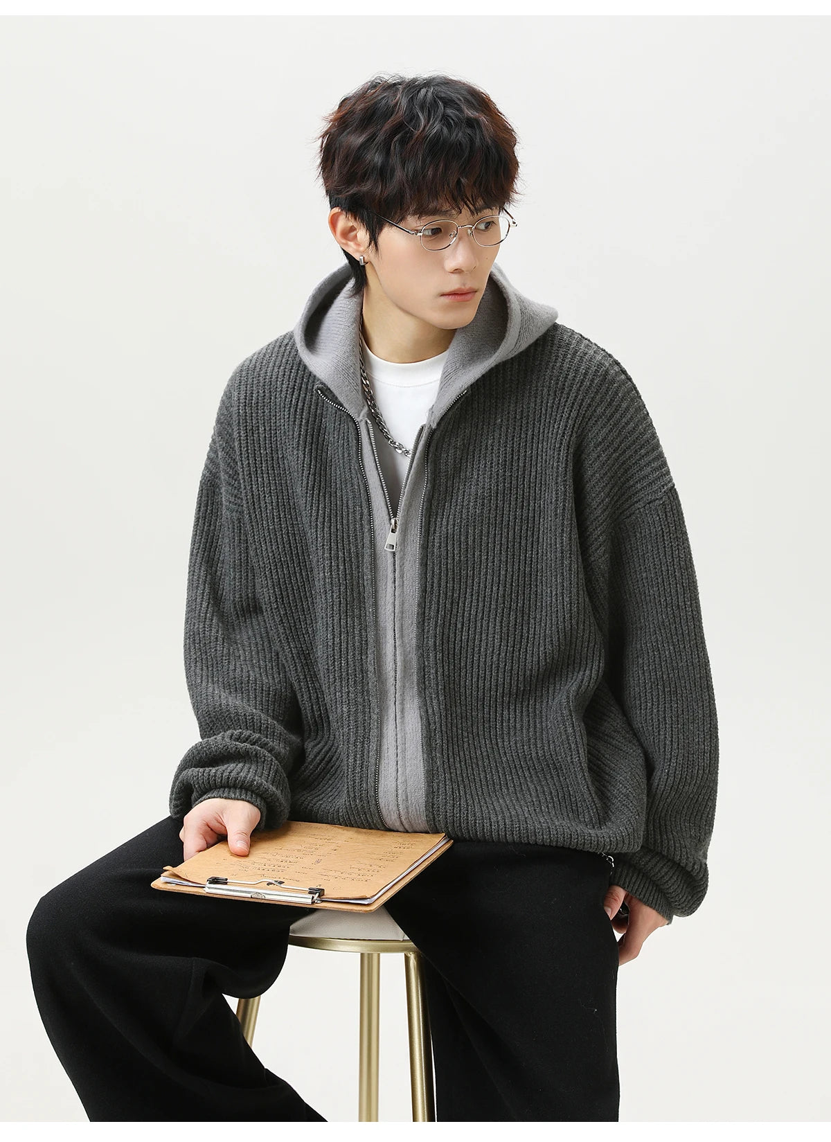 Mock Layer Knit Zip Hoodie