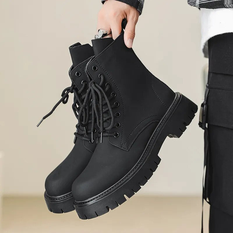 Munhak Matte Black Chunky Lace Up Boots Streets of Seoul Men s Korean Style Fashion