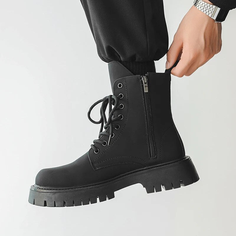 Munhak Matte Black Chunky Lace-Up Boots | Streets of Seoul | Men's