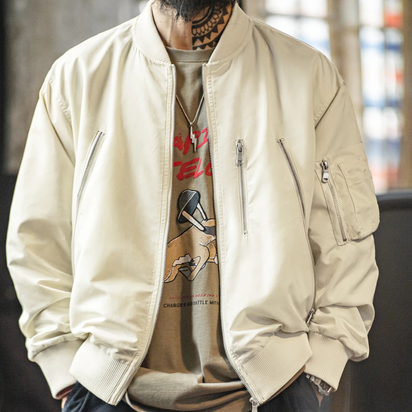 Neutral Tone L2B Pilot Bomber Jacket | Streets of Seoul | Men's