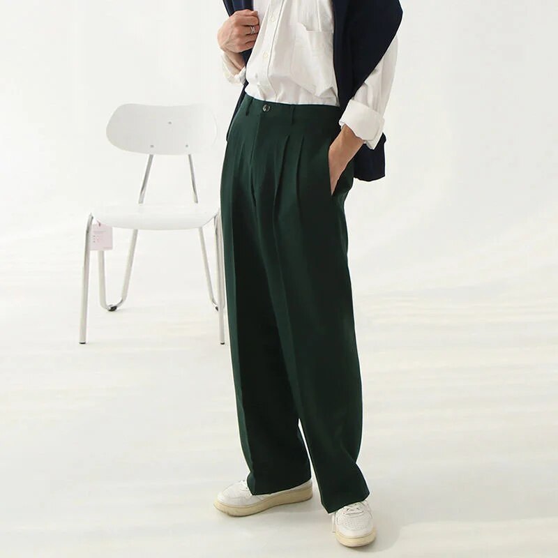 Men's Fashion Korean Style Black Loose Suit Pants Youth Casual Pleated  Trousers_