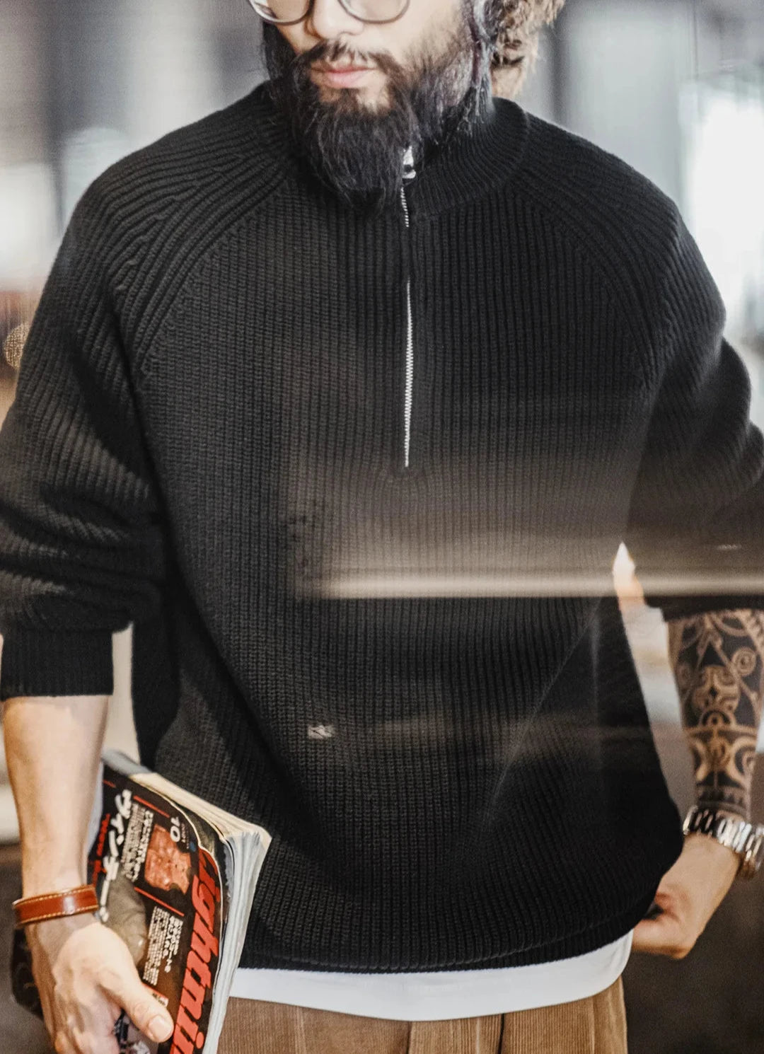 ★韓国の人気★【COVERNAT】★OVERFIT KNIT RIB SWEATSHIR.T★ Quarter Zip Rib Knit Sweater | Streets of Seoul | Men's