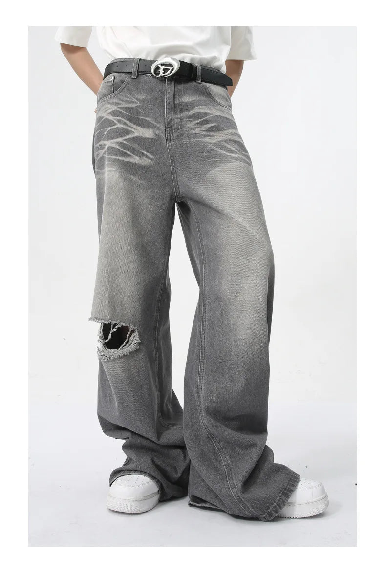 【BOHEMIAN SEOUL】KNEE OPEN RIPPED WIDE JEANS (GRAY) Ripped Knee Grey Wash Baggy Jeans | Streets of Seoul | Men's