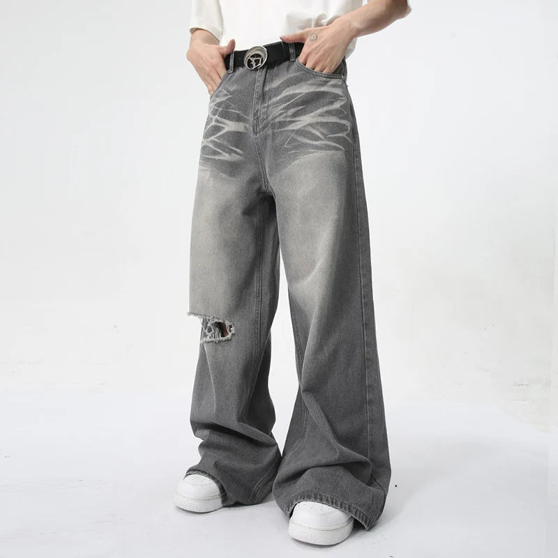 Ripped Knee Grey Wash Baggy Jeans