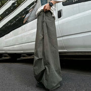 A person wearing loose, wide-leg gray pants and a white T-shirt stands beside a white vehicle on a paved surface, holding the hem of the pants.
