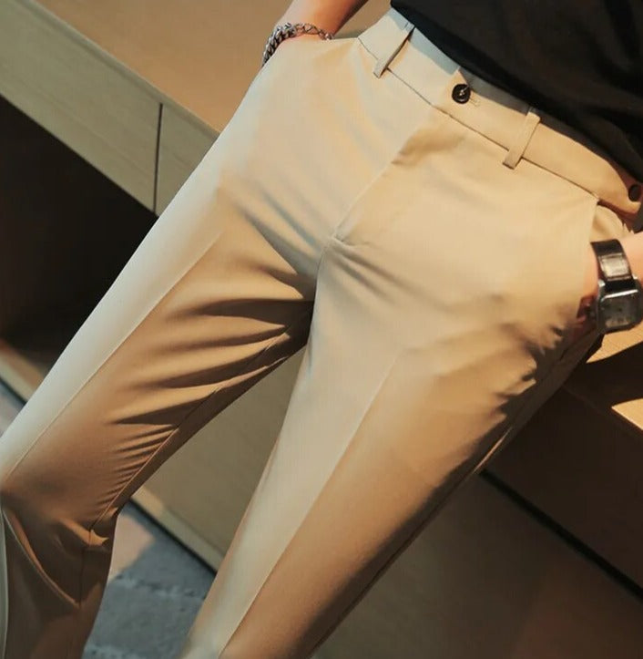 Men's Beige Polyester Checked Formal Trousers