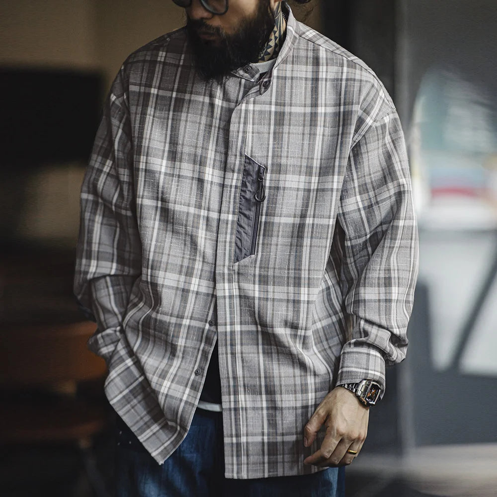 Stand Collar Long-Sleeved Plaid Shirt