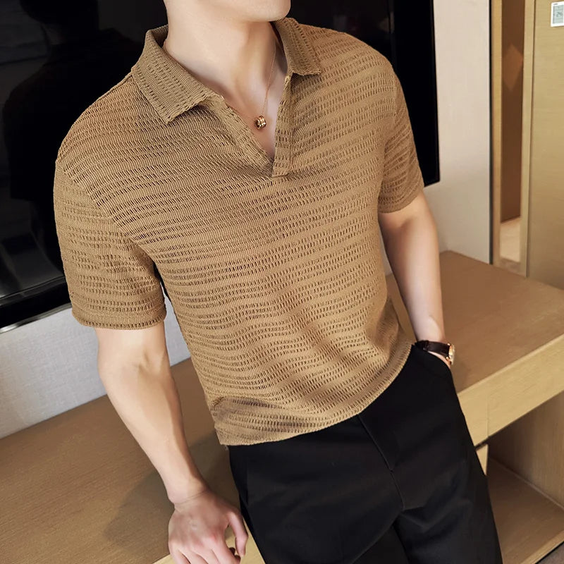 Textured Knit Open Neck Polo Shirt - Coffee / M 50-55KG