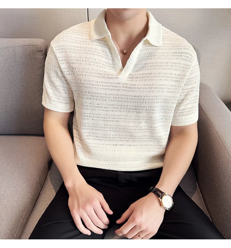 Textured Knit Open Neck Polo Shirt