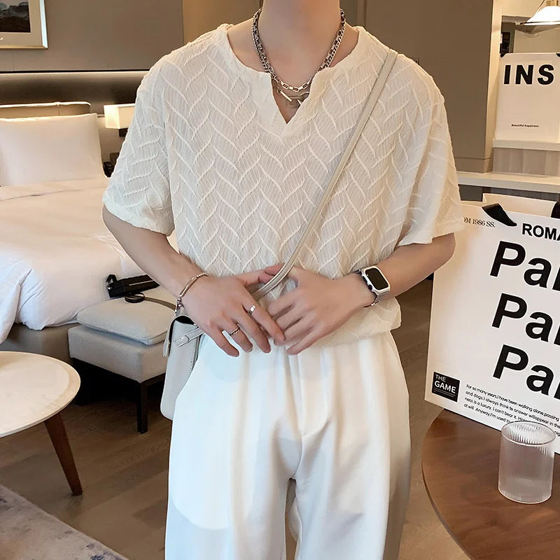 Textured Open Neck Woven T-Shirt for men - Streets of Seoul